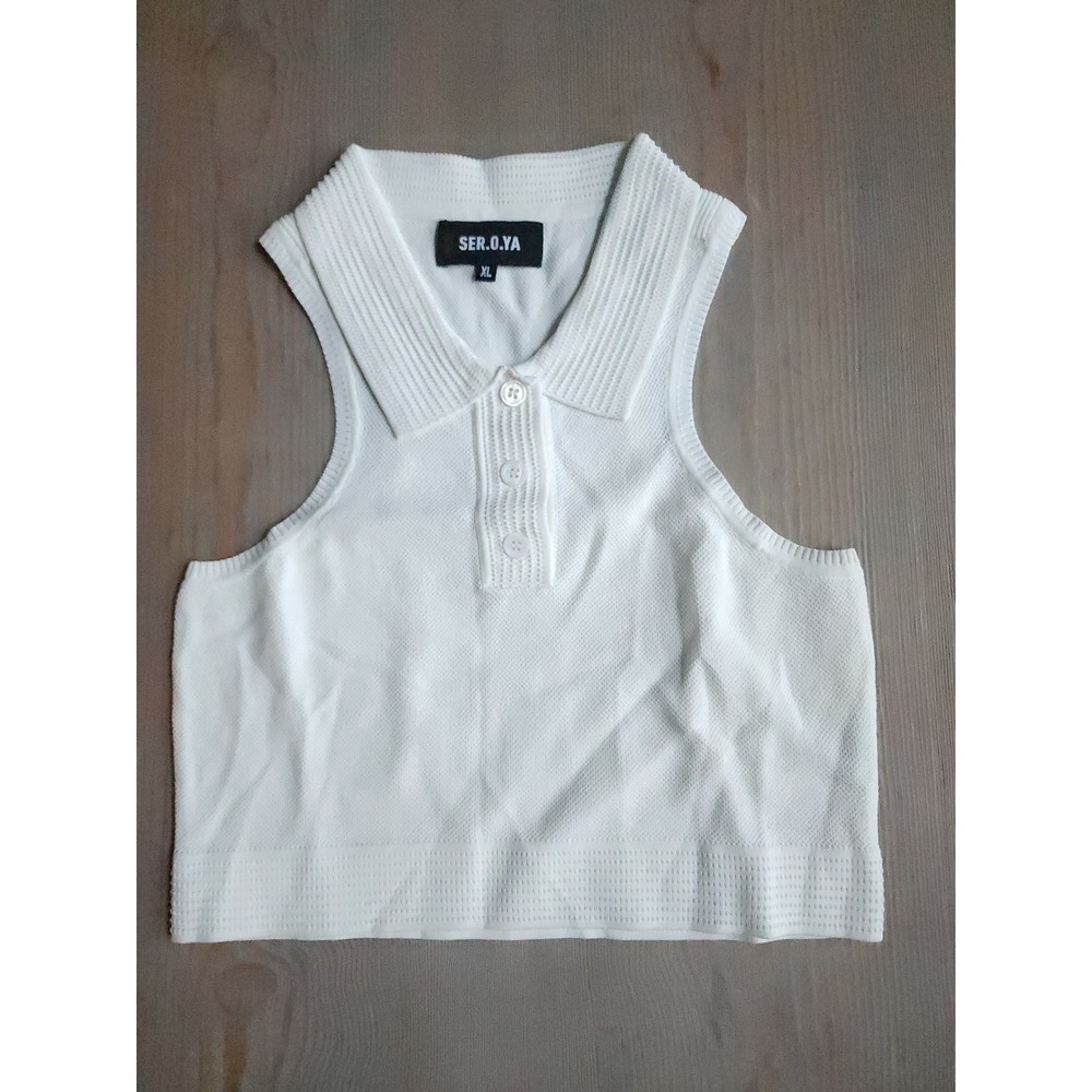 SER.O.YA Serena Crop Tank Top Women XL White Collared Textured Luxury Preppy New